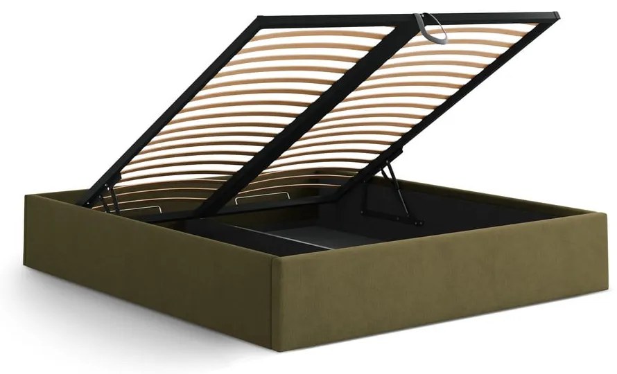 Pat matrimonial verde tapițat cu spațiu de depozitare/fără tăblie cu somieră 140x200 cm Susan – Micadoni