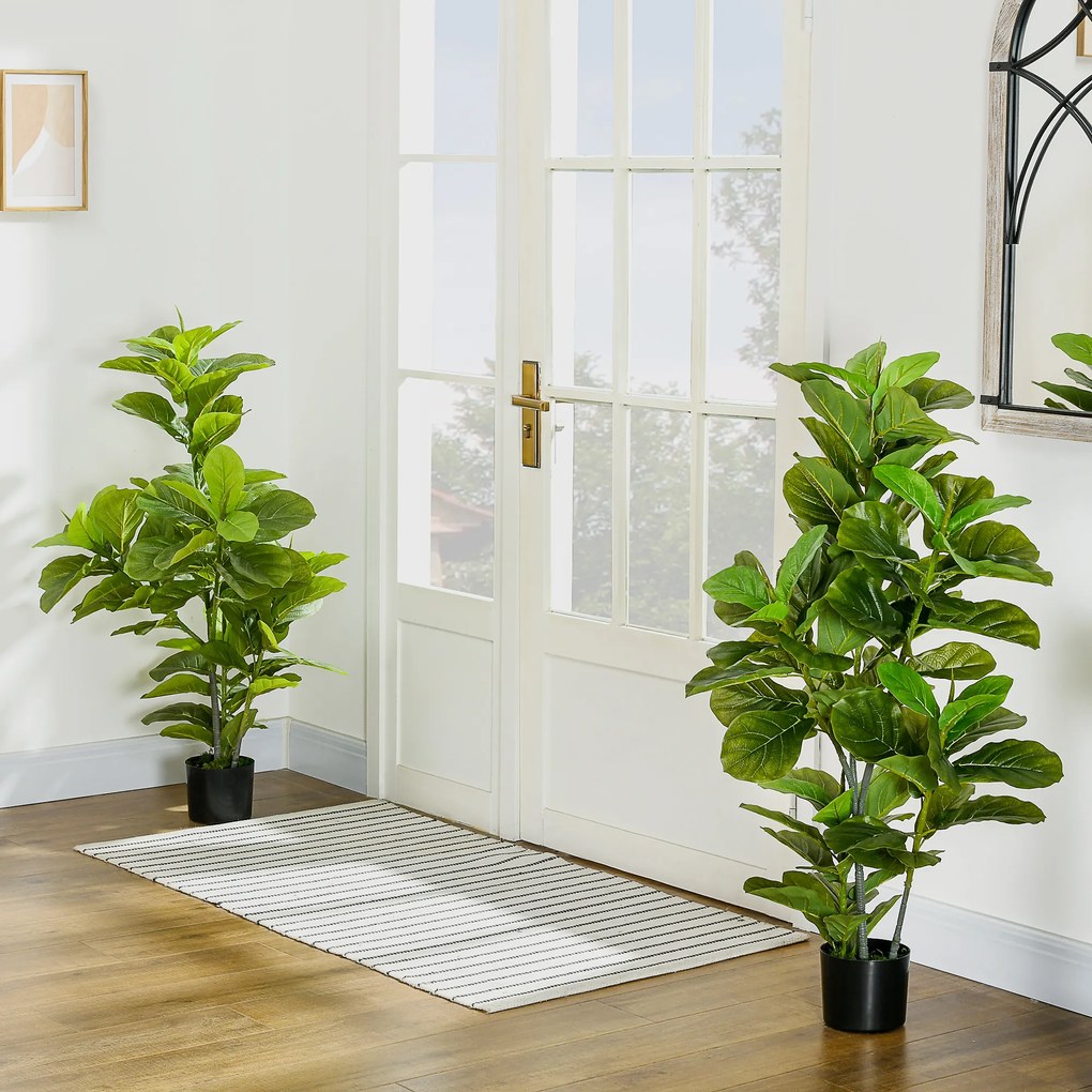 HOMCOM, Set de 2 plante artificiale Ficus Lyrata, arbori artificiali cu ghiveci inclus, înălțime 110 cm, verde | Aosom Romania