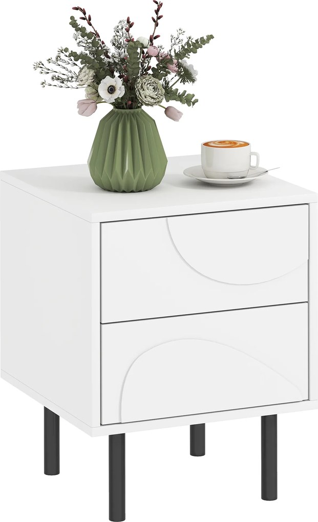 HOMCOM Noptieră, masă de alături cu 2 sertare cu deschidere prin apăsare, picioare din oțel, 40 x 40 x 50 cm, alb | Aosom Romania