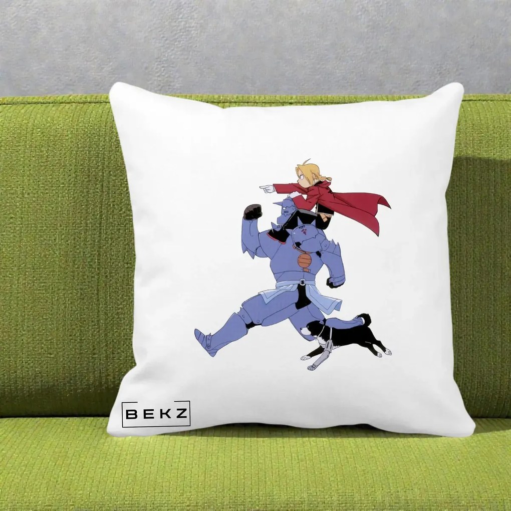 Perna Personalizata Fullmetal Alchemist Edward si Alphonse, 40x40 cm, Alba Mata, Husa Detasabila, Perna Inclusa, BEKZ®