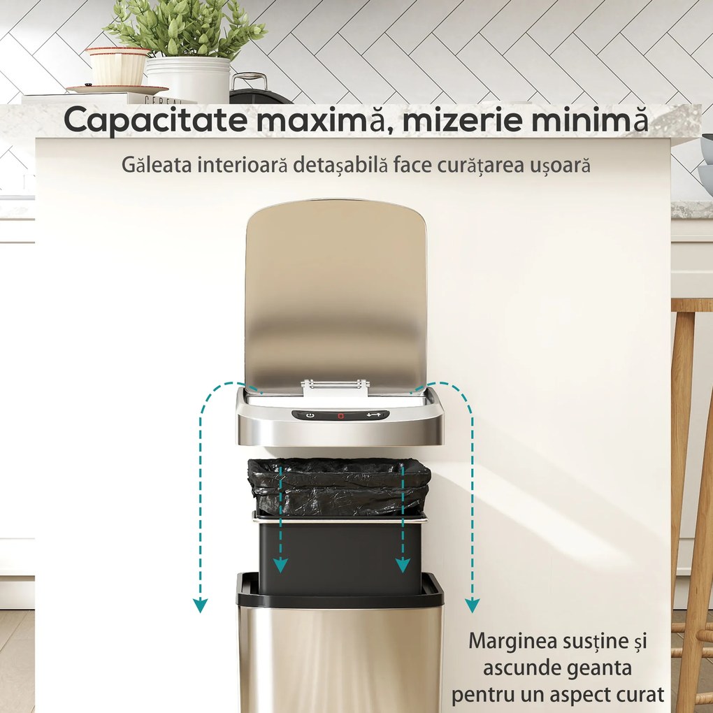 HOMCOM Coș Gunoi 12L cu Senzor Infraroșu, Buton Touch și Găleată Detașabilă, Coș de Gunoi din Oțel Inoxidabil, ABS și PP, 28x22x41 cm, Argintiu | Aosom Romania