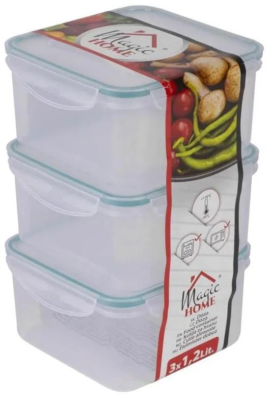 Cutie caserola alimente, PP, etansa, transparent, 1.2 L, set 3 buc, 15.7x15.7x24.5 cm, MagicHome