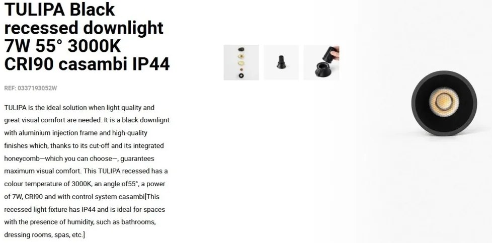 Spot LED incastrabil TULIPA Black recessed downlight 7W 55° 3000K CRI90 casambi IP44