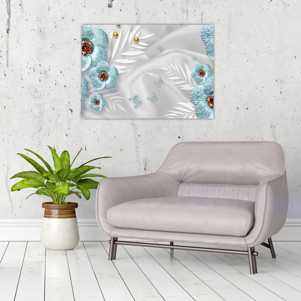 Tablou pe sticlă - 3D Flori albastre (70x50 cm)