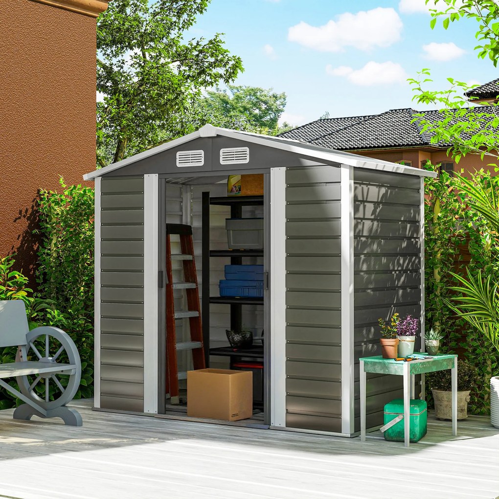 Outsunny Magazie de Grădină din Tablă de Oțel cu 4 Orificii de Ventilație și 2 Uși Glisante, 213x120x194 cm, Gri Închis | Aosom Romania