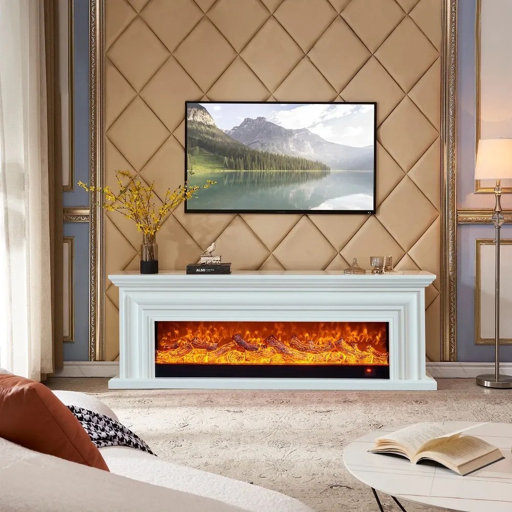 Șemineu electric cu efect LED realist cu 12 culori, Comodă TV, design elegant, control vocal și telecomandă, fără încălzire, 180 cm, Alb