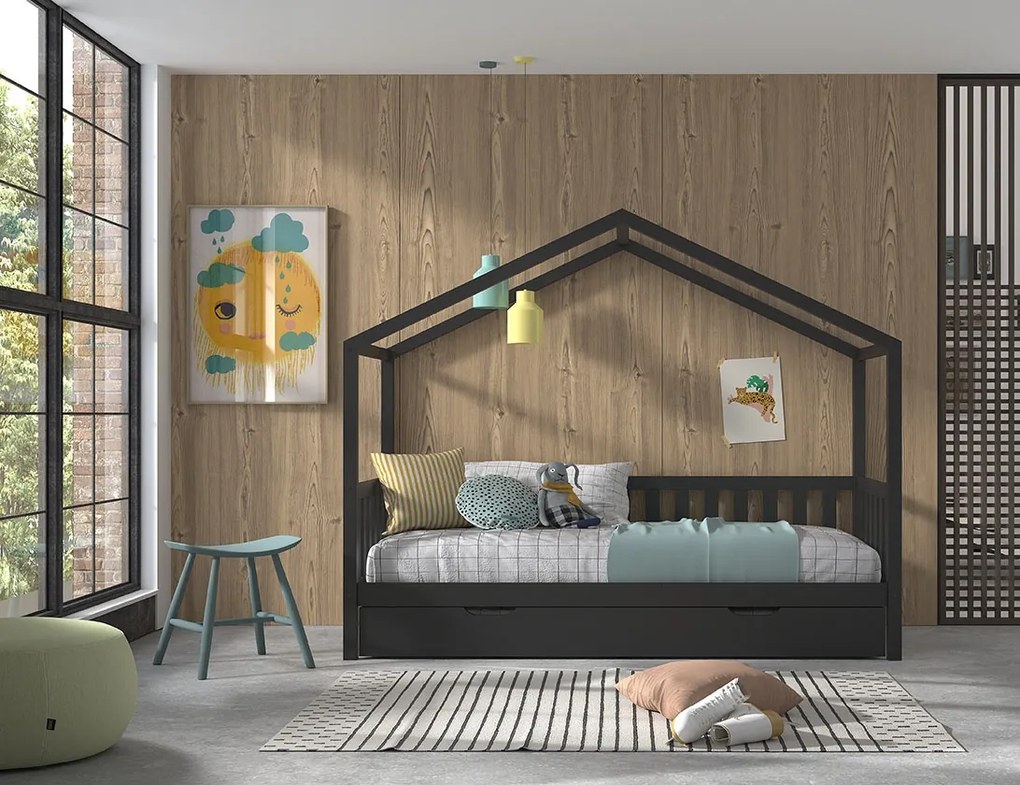 Set DALLAS în antracit format dintr-un Pat copii Vipack cu gard (90 x 200 cm) și un sertar.