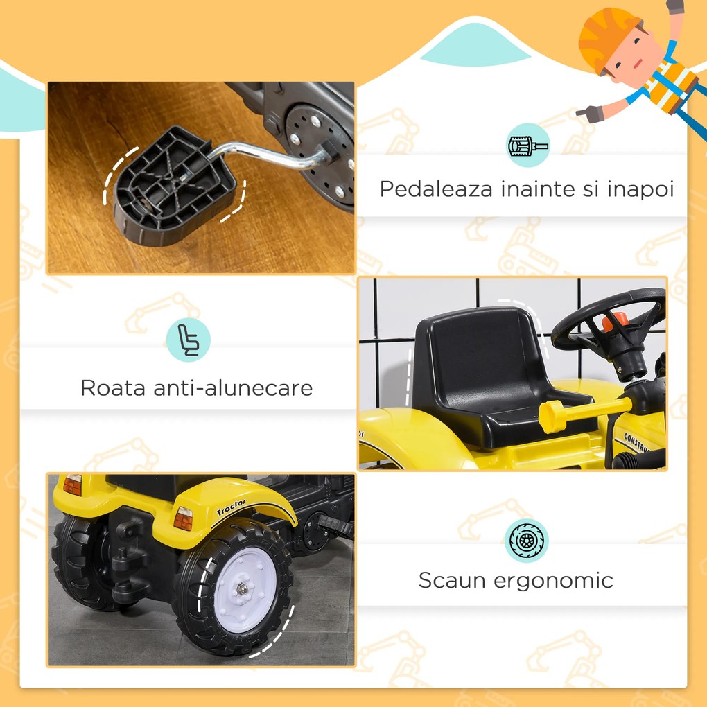 HOMCOM Excavator cu Pedale pentru Copii de 3 Ani cu Cupă Frontală și Volan, 114x41x52 cm, Galben | Aosom Romania