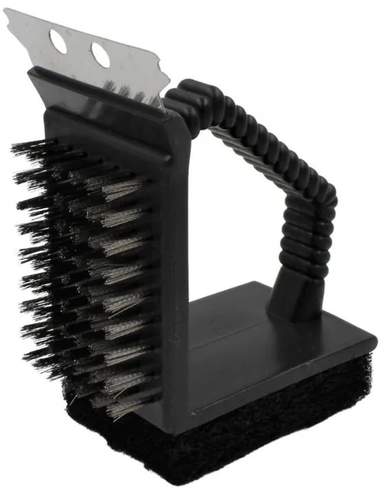 Perie 3 în 1 pentru curățare grătar – cu peri metalici, racletă și burete abraziv
