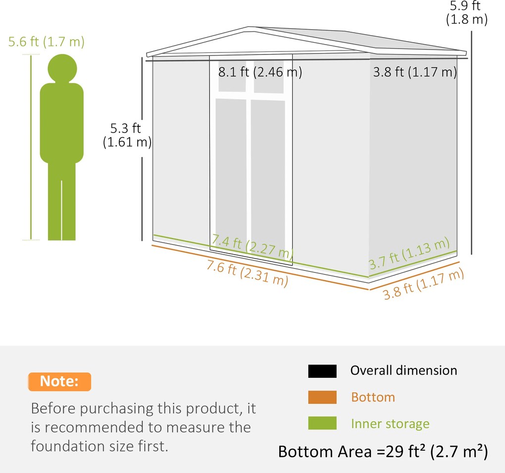 Outsunny Șopron pentru unelte de grădină din oțel zincat cu 2 uși, 246x117x180 cm, Gri deschis | Aosom Romania