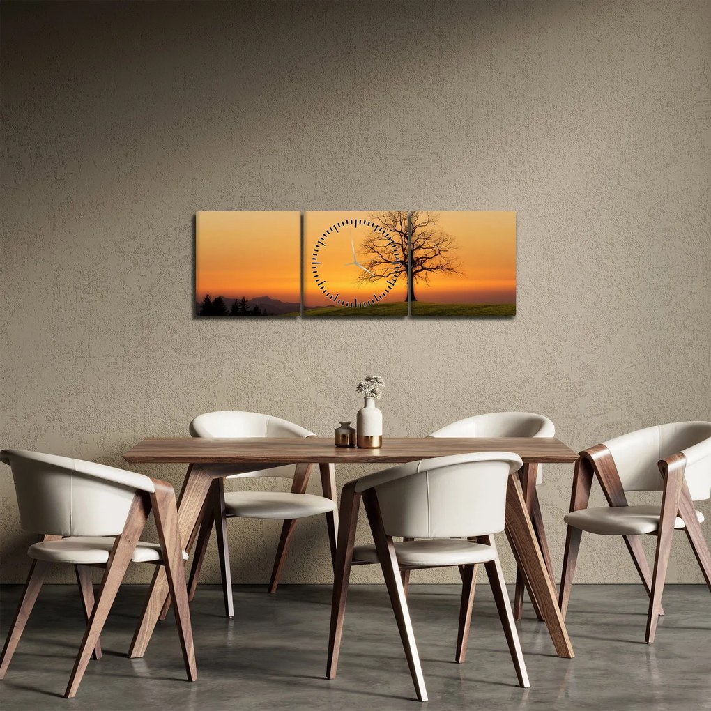 Tablou cu apus de soare pe o luncă (cu ceas) (90x30 cm)