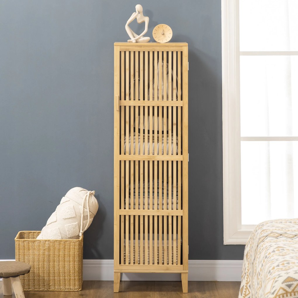 HOMCOM Mobilier de depozitare din bambus cu rafturi și ușă cu design cu lamele pentru baie, dormitor, salon 40 x 30 x 140 cm | Aosom Romania