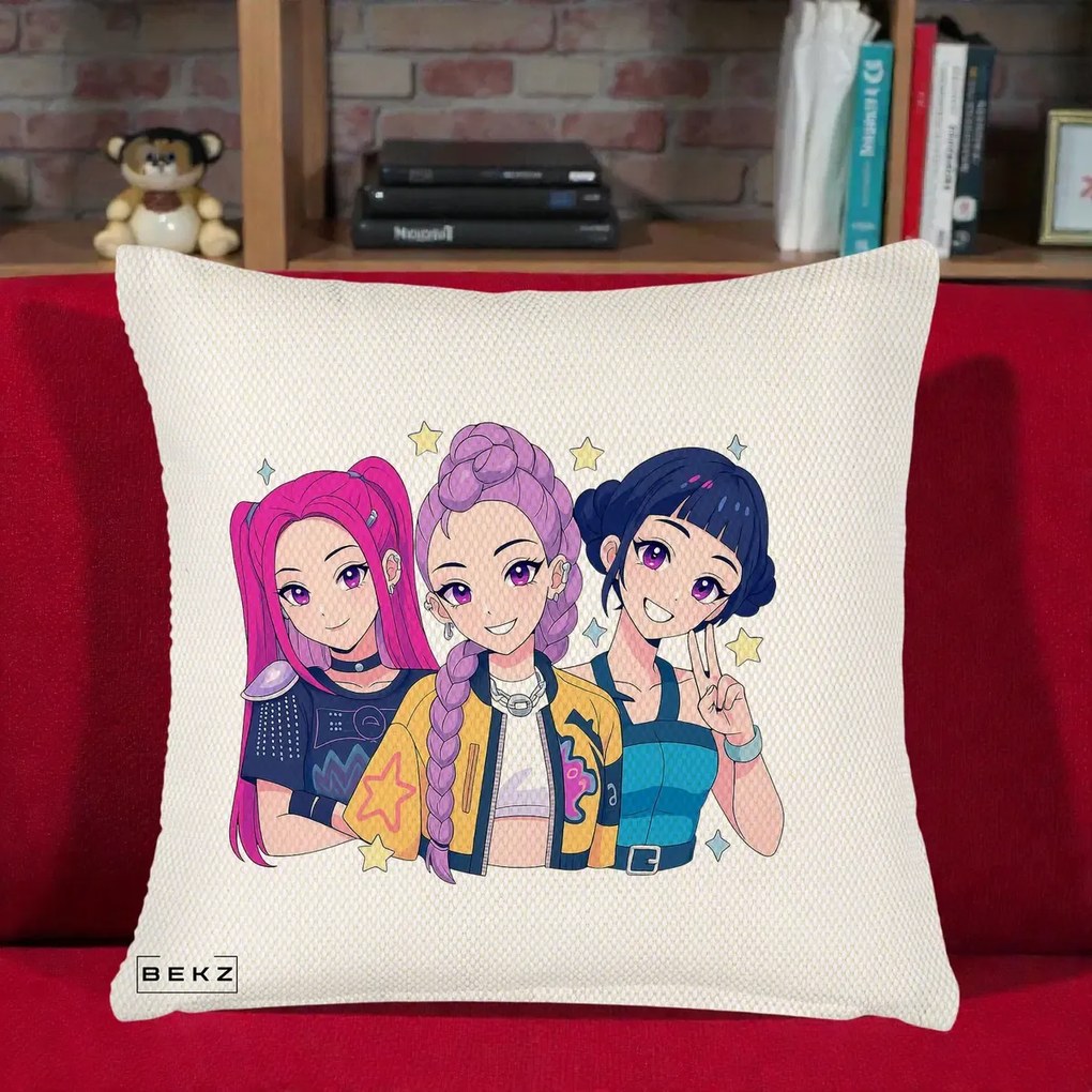 Perna Personalizata K-pop HUNTRX Trio Anime Stele, 40x40 cm, Crem Reliefat, Husa Detasabila, Perna Inclusa, BEKZ®