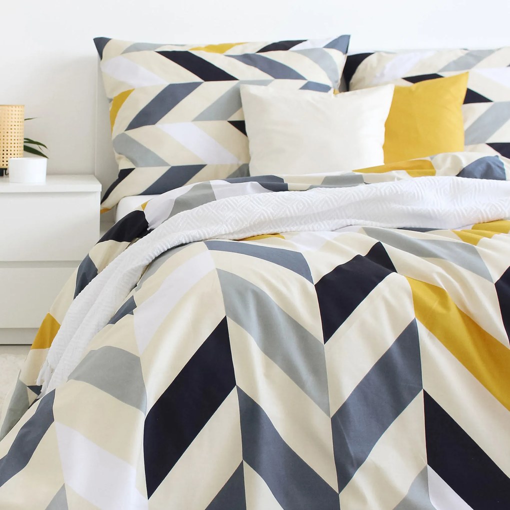 Goldea lenjerie de pat din 100% bumbac - dungi zig-zag în culoare muștar și gri 140 x 200 și 50 x 70 cm