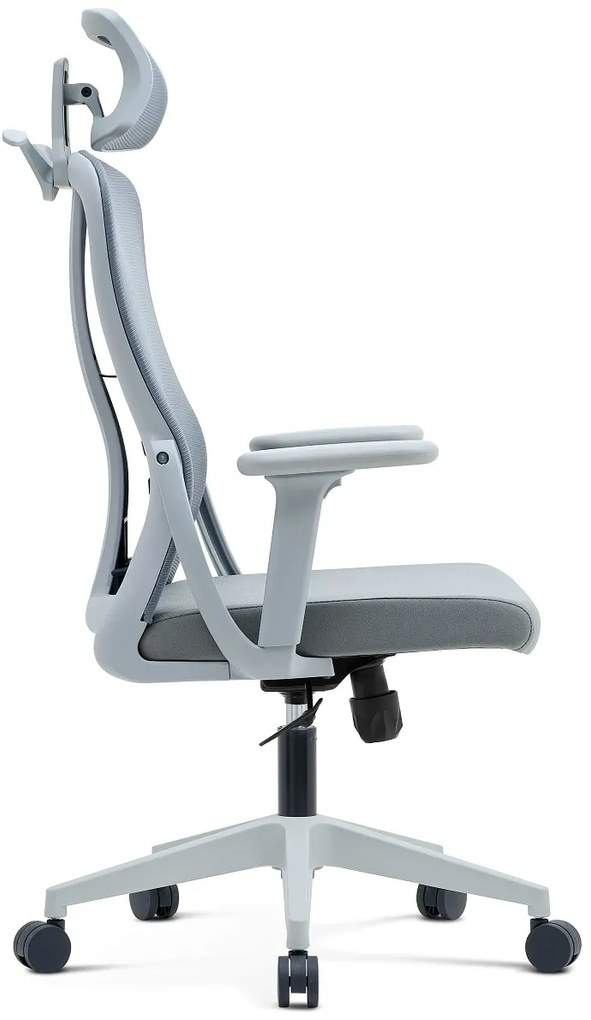 NICOLE-H Scaun ergonomic, cotiere 4D, tetiera 2D, suport lombar ajustabil, umeras, spatar Mesh, sezut textil, Gri