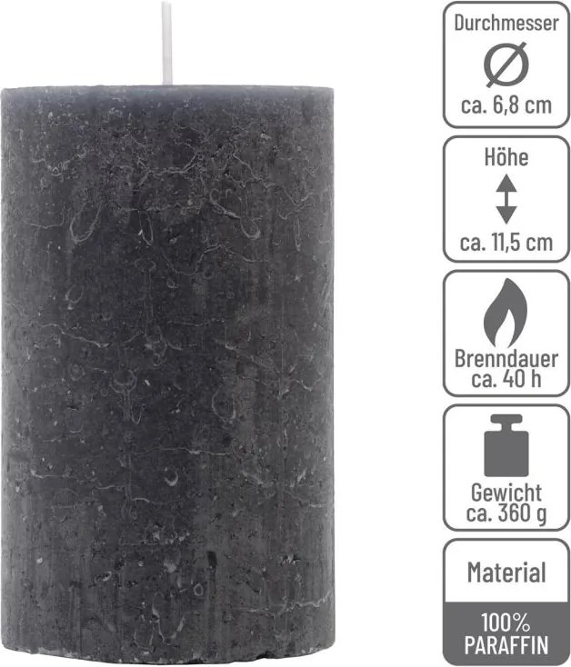 Set de lumânări rustice, 11,5 cm, Ø 6,8 cm, antracit, 12 buc