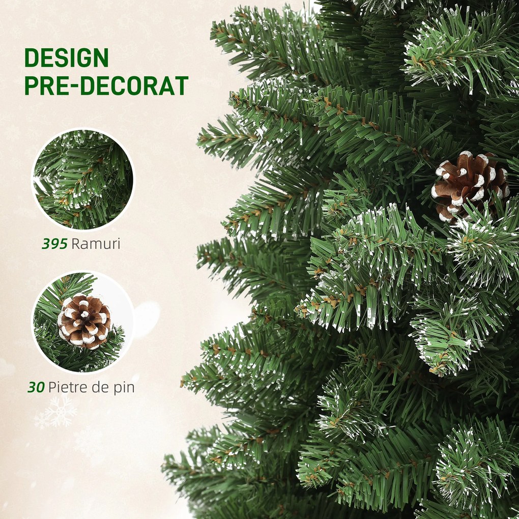 HOMCOM Brad de Crăciun Înzăpezit Înalt cu 395 Crengi, Brad Artificial de Crăciun cu Conuri și Bază, Ø54 x 150 cm, Verde | Aosom Romania