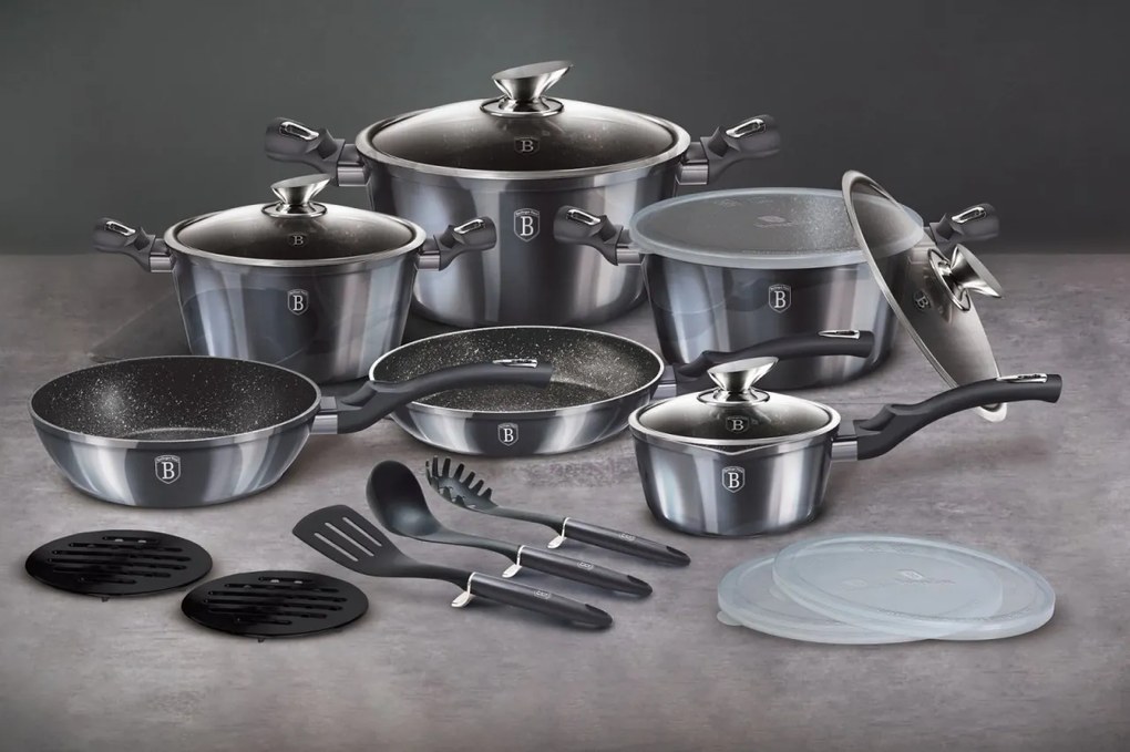 RESIGILAT - Set oale si tigai marmorate cu capace, ustensile, antiaderente, 18 piese Berlinger Haus Carbon Pro BH 6887