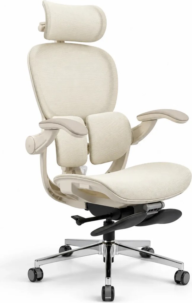 Scaun ergonomic MORATTI D5, Suport lombar dual 360°, Tetieră 4D, Șezut Zero-Pressure Frameless Mesh, Cotiere Flip-Back 4 poziții, Reclinare 135°, Suport picioare, Bej
