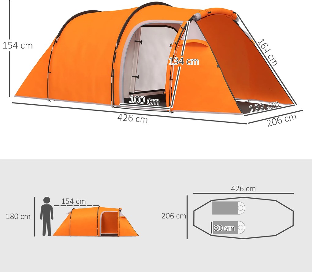 Outsunny Cort tunel pentru 2-3 persoane, cort de camping cu vestibul, cârlig pentru lampă, rezistență la apă 2000 mm Portocaliu | Aosom Romania