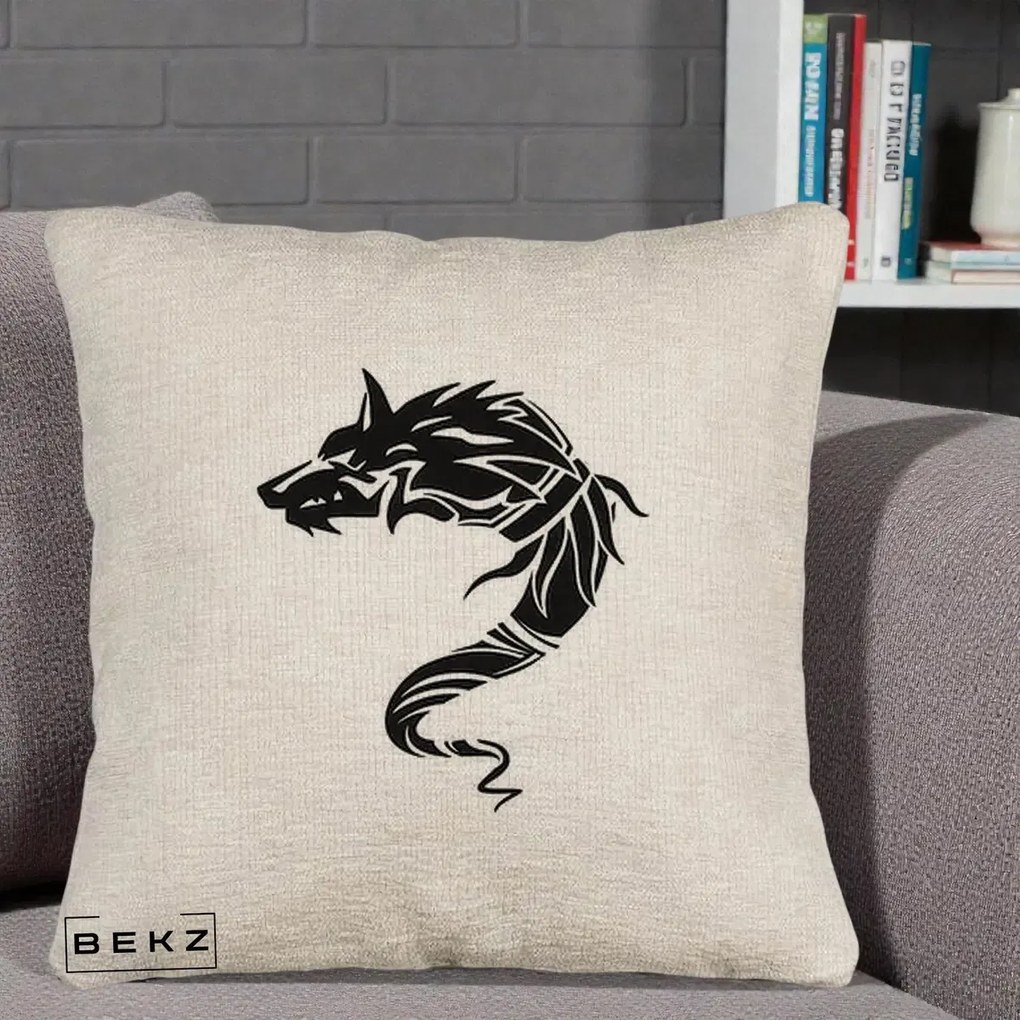 Perna Decorativa Lup Tribal Alb-Negru, 40x40 cm, Bej Canapea, Husa Detasabila, Perna Inclusa, BEKZ®