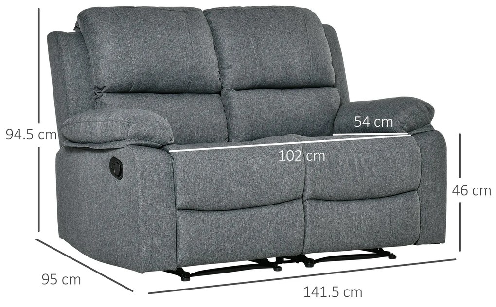 HOMCOM Canapea rabatabilă 2 locuri din material textil, canapea Relax cu șezut independent și brațe, 141.5x95x94.5cm, gri