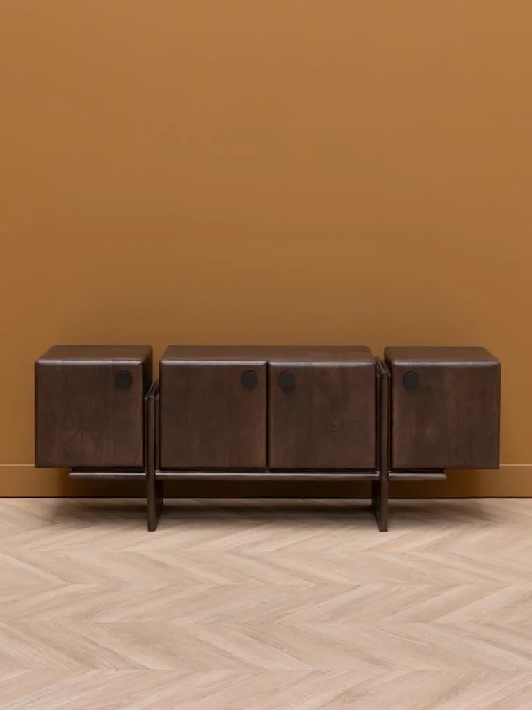 Comodă TV din lemn de mango și metal, cu 4 uși, maro antichizat, finisaj mat, 135×35×50 cm, „Mogadi"