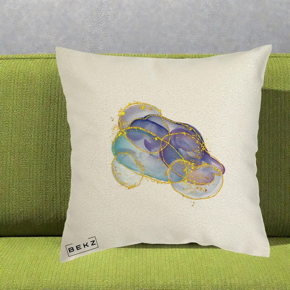 Perna Decorativa Abstract Acuarela Albastru-Mov cu Cercuri Aurii, 40x40 cm, Ecru, Husa Detasabila, Perna Inclusa, BEKZ®