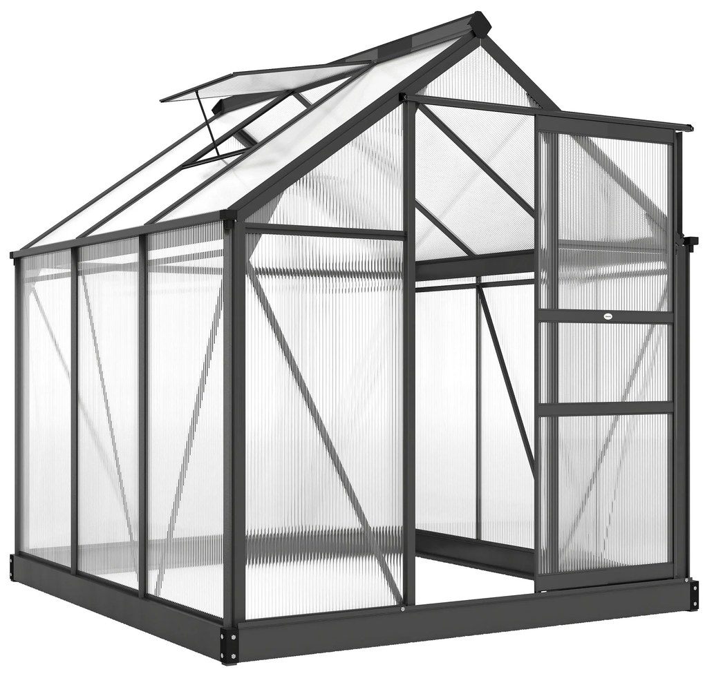 Outsunny Seră de Grădină, Seră din Policarbonat și Aluminiu cu Ușă Culisantă, Ventilație pe Acoperiș și Jgheab, 190x192x201 cm, Gri