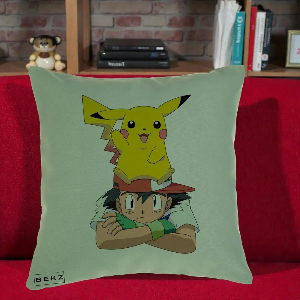 Perna Personalizata Ash si Pikachu, 40x40 cm, Verde, Husa Detasabila, Perna Inclusa, BEKZ®