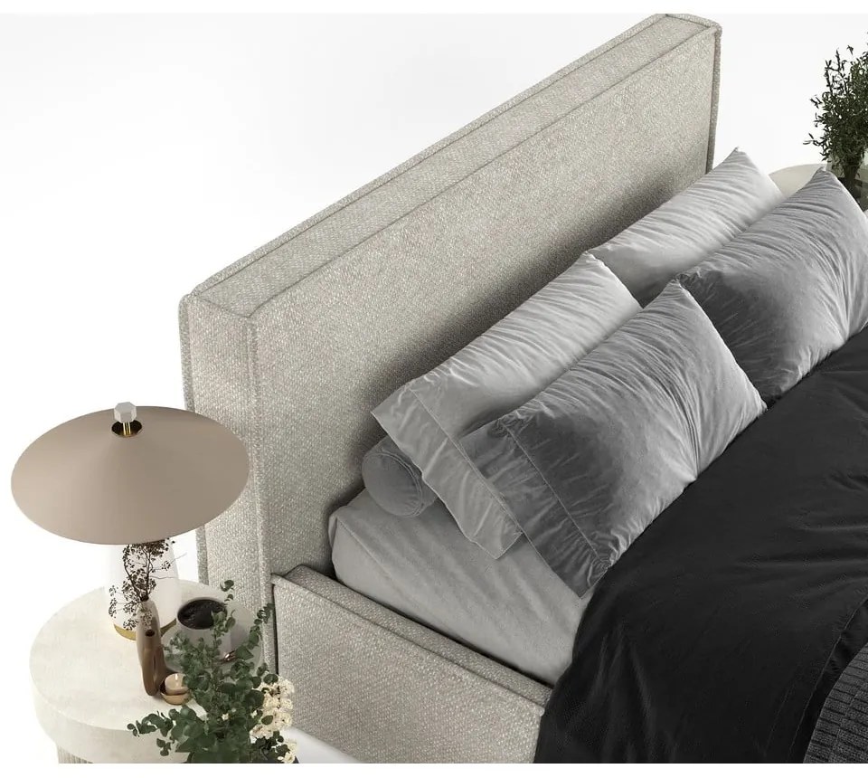 Pat matrimonial gri deschis tapițat cu spațiu de depozitare cu somieră 200x200 cm Lounge L – Maison de Rêve