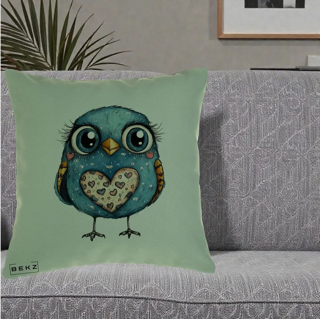 Perna Decorativa Bufnita Albastra cu Inimioare, 40x40 cm, Verde, Husa Detasabila, Perna Inclusa, BEKZ®