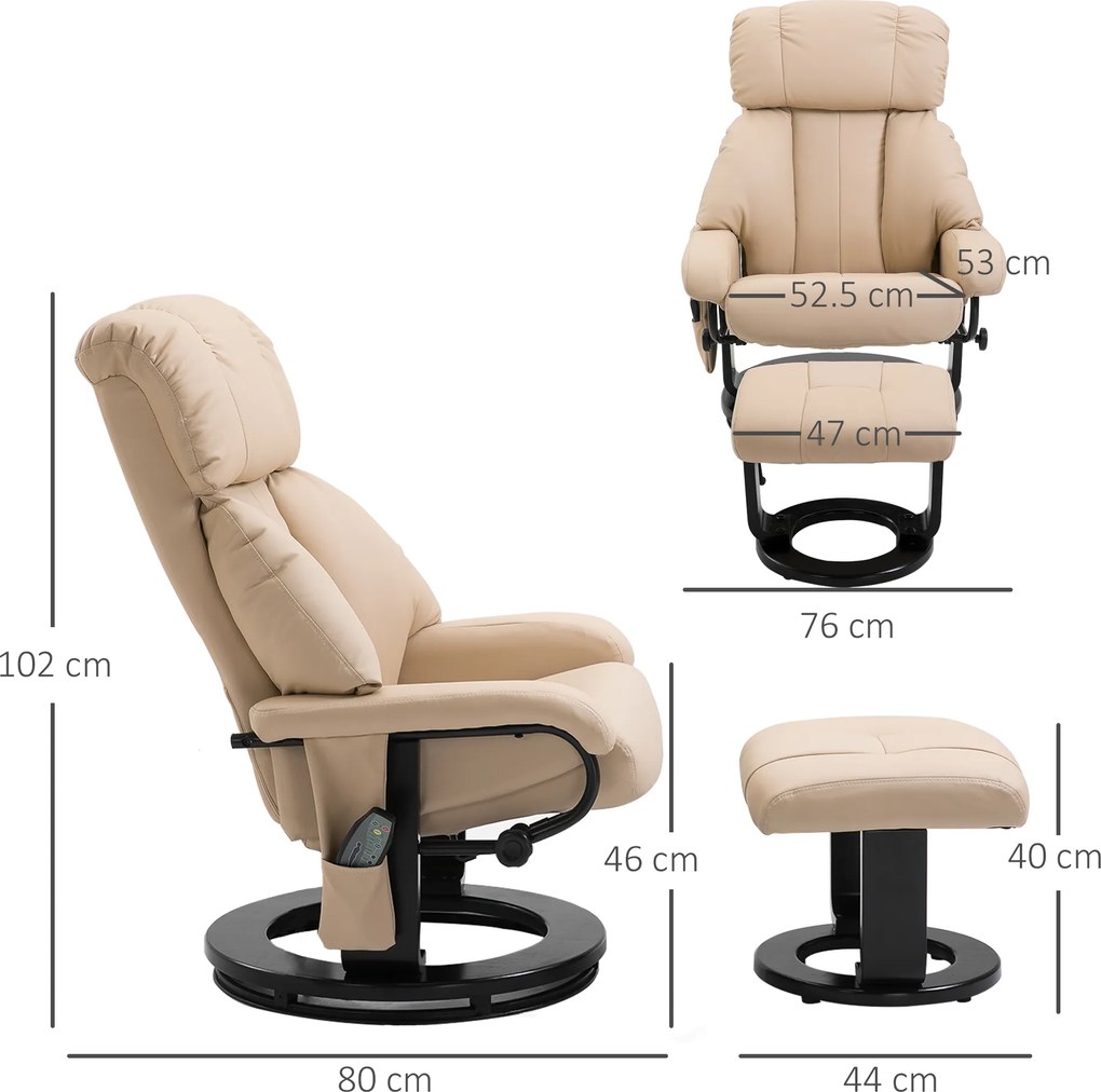 HOMCOM Fotoliu Reclinabil cu Masaj cu Telecomandă din Imitatie de Piele, Crem | Aosom Romania