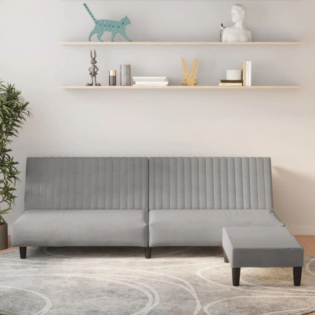 3081854 vidaXL Canapea extensibilă cu taburet, 2 locuri, gri deschis, catifea