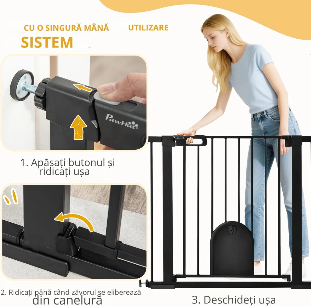PawHut Barieră Reglabilă pentru Câini cu Ușă Mică, Montare prin Presiune și Închidere Automată, 75-103x76 cm, Negru | Aosom Romania