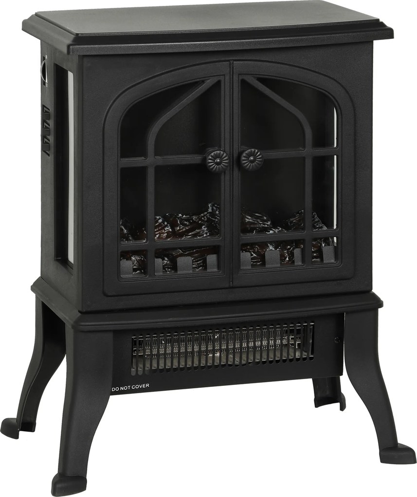 HOMCOM Șemineu Electric de Podea, Flacără 3D, Termostat 10-35°C, Plastic, Sticlă, 39x24x48 cm, Negru | Aosom Romania