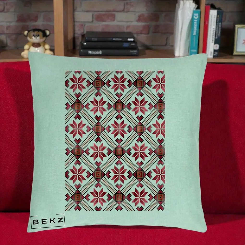 Perna Personalizata Motiv Traditional Ie Romaneasca Rosu, 40x40 cm, Verde Menta, Husa Detasabila, Perna Inclusa, BEKZ®