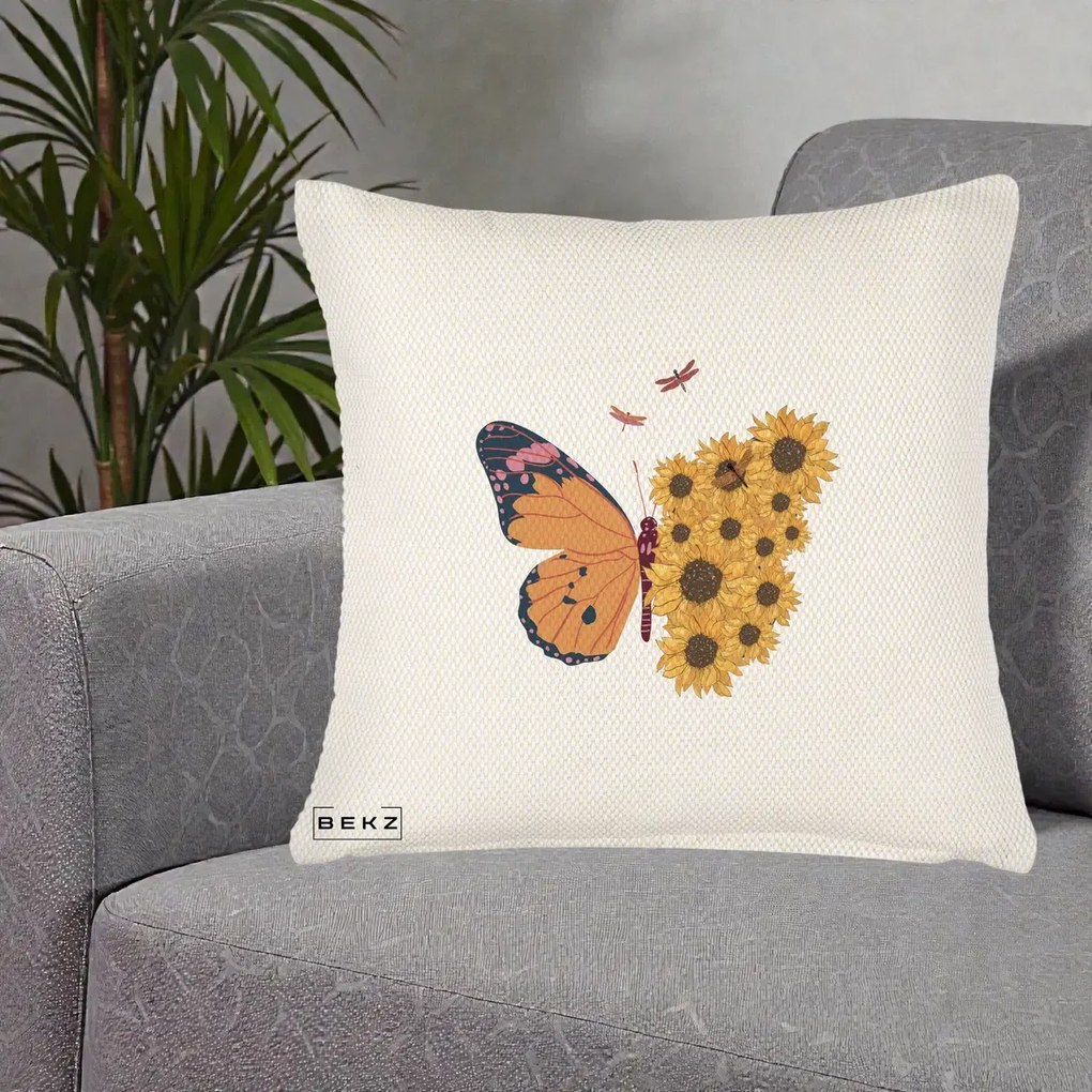 Perna Decorativa Fluture Floarea-Soarelui, 40x40 cm, Crem Reliefat, Husa Detasabila, Perna Inclusa, BEKZ®