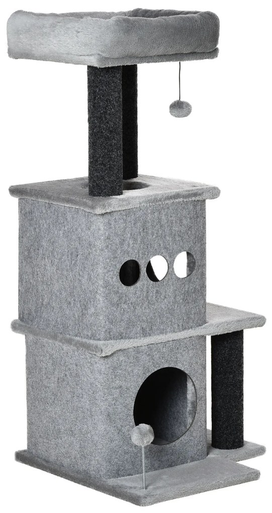 PawHut Arborișoare pentru pisici design cozy-chic multi-echipate centrul de activități cu zone, platforme, pat, joc cu bile, fețre detașabile și lavabile, plăci de particule, pluș scurt 48 x 48 x 100 cm gri | Aosom Romania