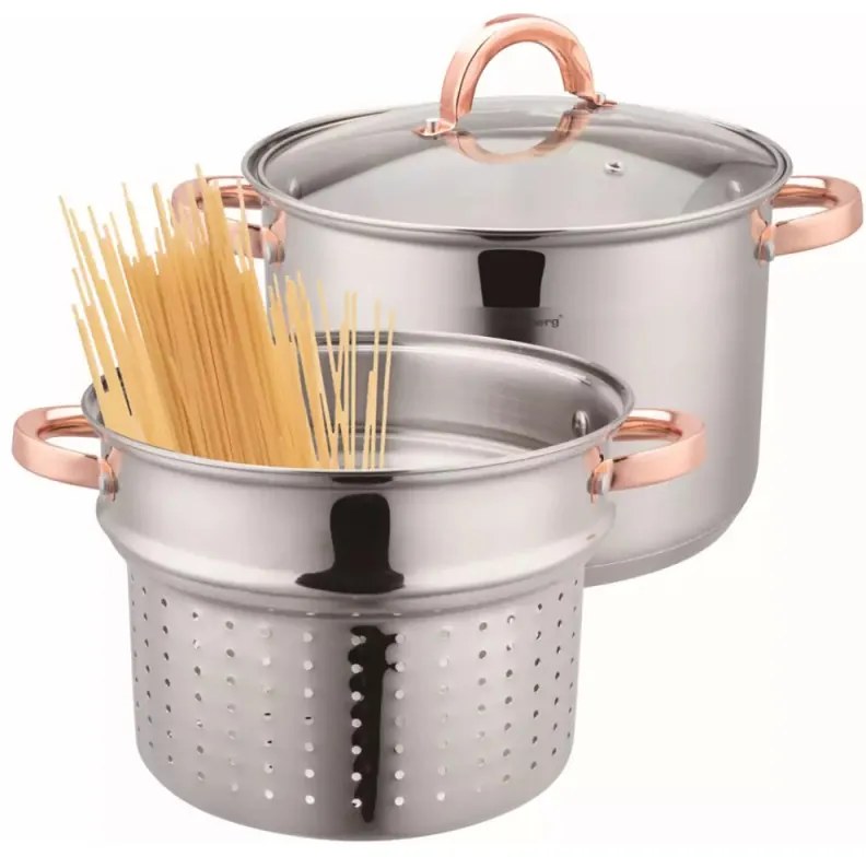 Oala pentru fiert spaghete Klausberg KB 7739, 24 cm, 7 L, 3 piese, Inductie, Argintiu/Roz auriu