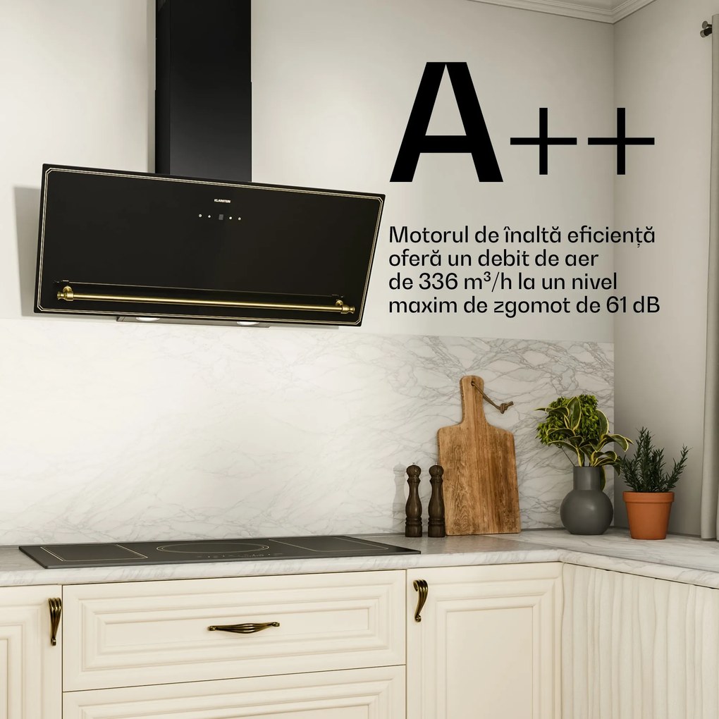 Klarstein Victoria hotă înclinată, 90 cm, debit de aer 336 m³/h.