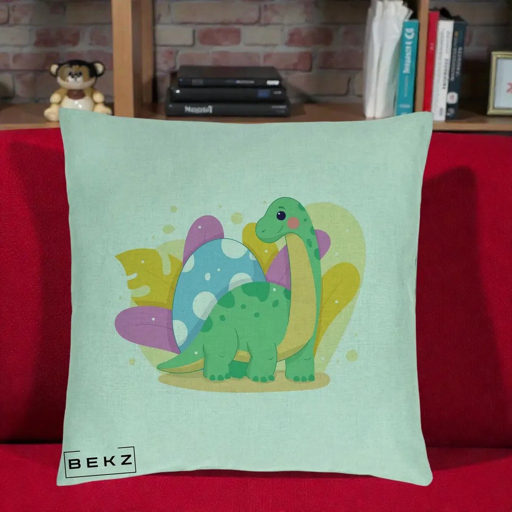 Perna Personalizata Dinozaur cu Ou Pastelat, 40x40 cm, Verde Menta, Husa Detasabila, Perna Inclusa, BEKZ®