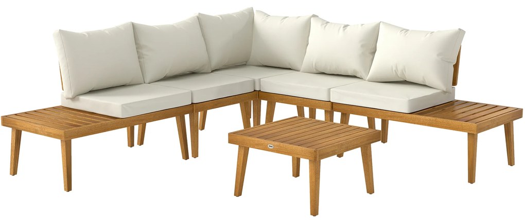 Outsunny Salon de grădină în aer liber, 5 locuri, modular din lemn de acacia, canapea unghiulară în aer liber cu masă de cafea și perne | Aosom Romania