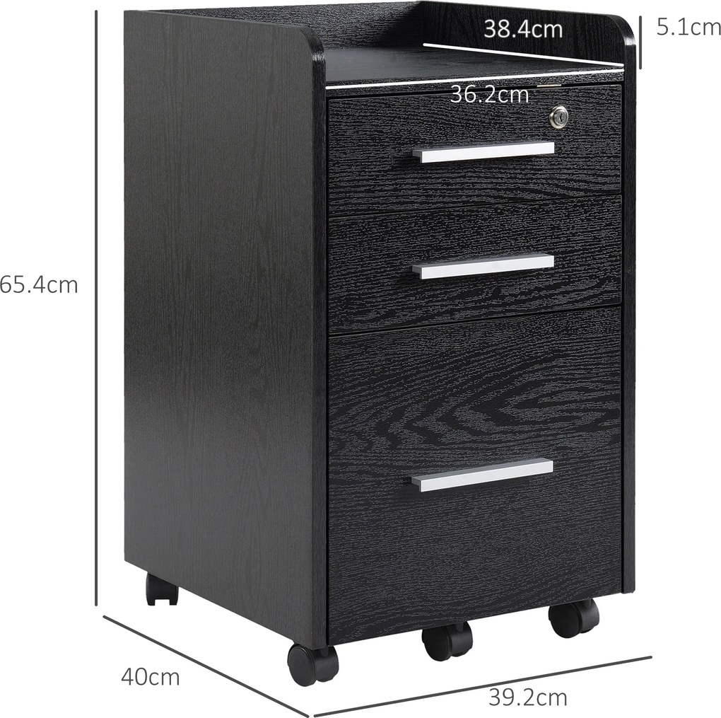 HOMCOM Dulap Portadocumente din Lemn cu 3 Sertare cu Chei de Securitate și 5 Roți, 39.2x40x65.4 cm, Negru | Aosom Romania