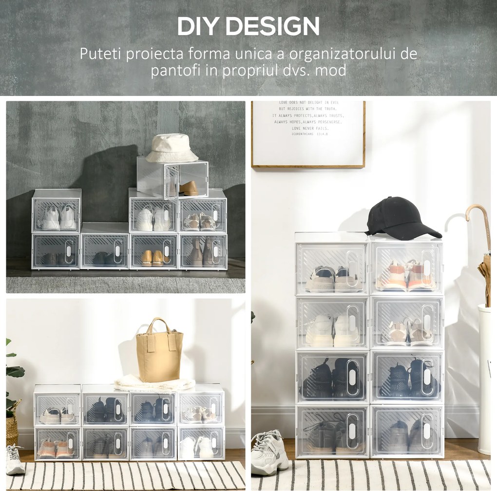 HOMCOM Pantofar Modular cu 8 Cuburi de Depozitare și Uși Magnetice, Cuburi din PP, 25x35x19 cm, Alb și Transparent | Aosom Romania