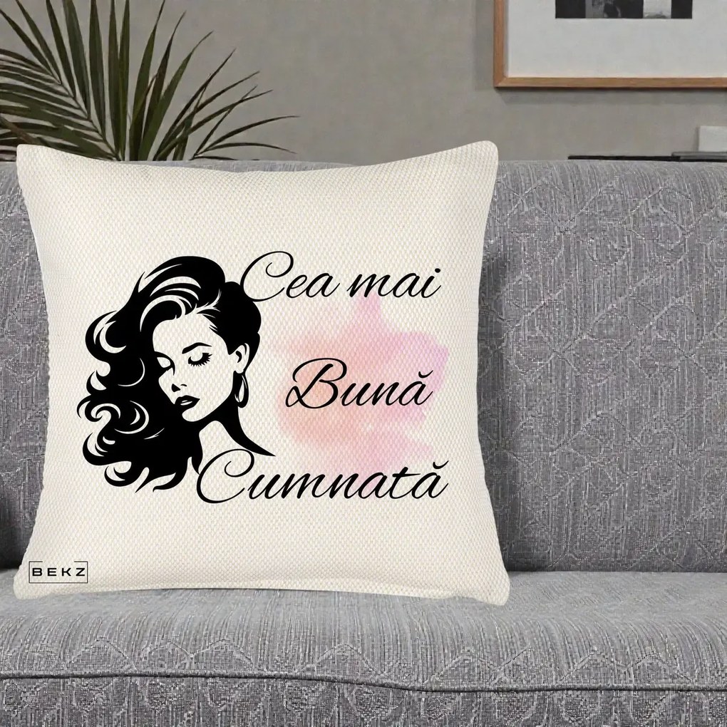 Cadou pentru Cumnata - Perna Personalizata Cea mai Buna Cumnata cu Silueta Dama si Pete Roz, 40x40 cm, Crem Reliefat, Husa Detasabila, Perna Inclusa, BEKZ®