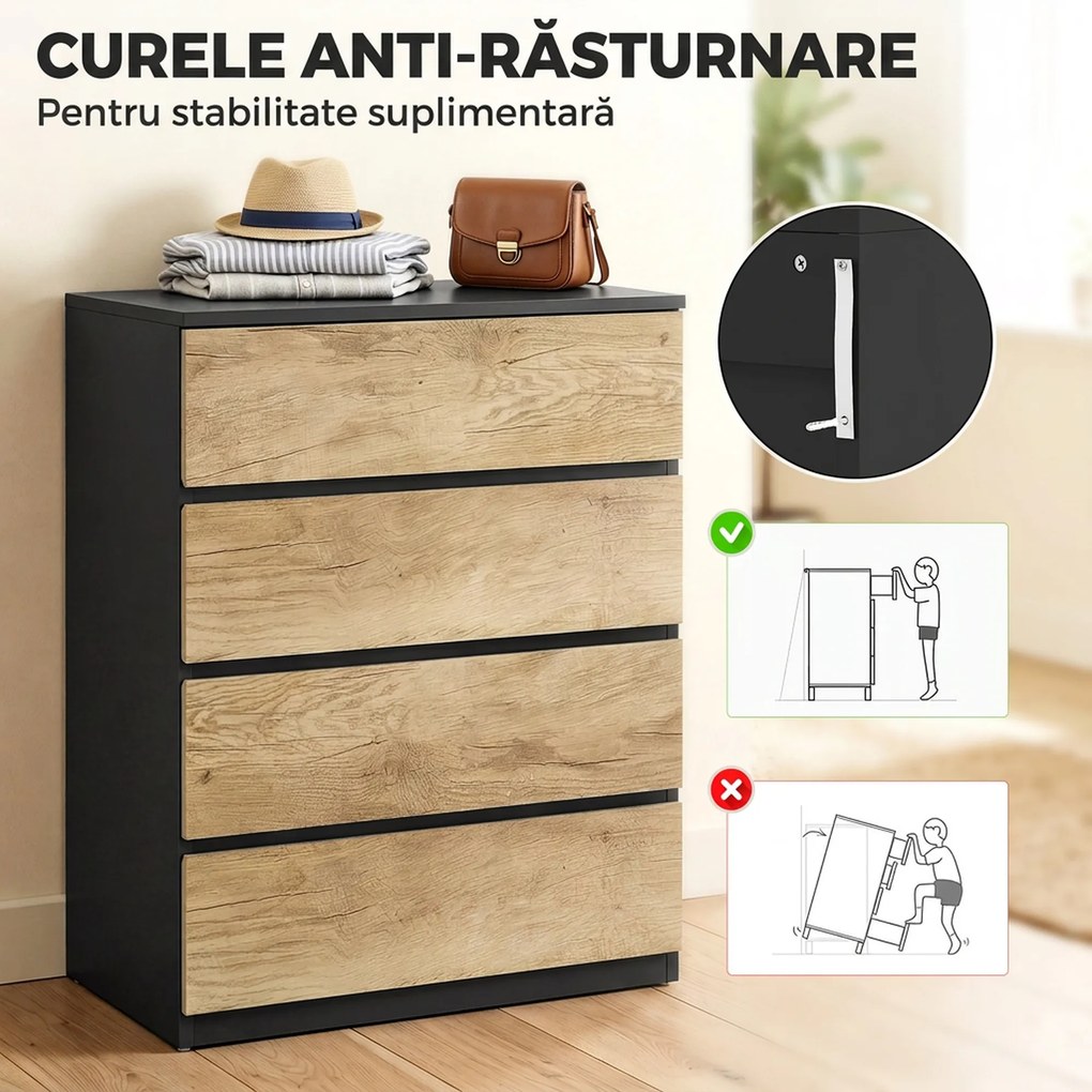 HOMCOM Comodă cu 4 Sertare din Lemn cu Șine Metalice și Mânere Frezate, 60x40x80 cm, Negru și Stejar | Aosom Romania