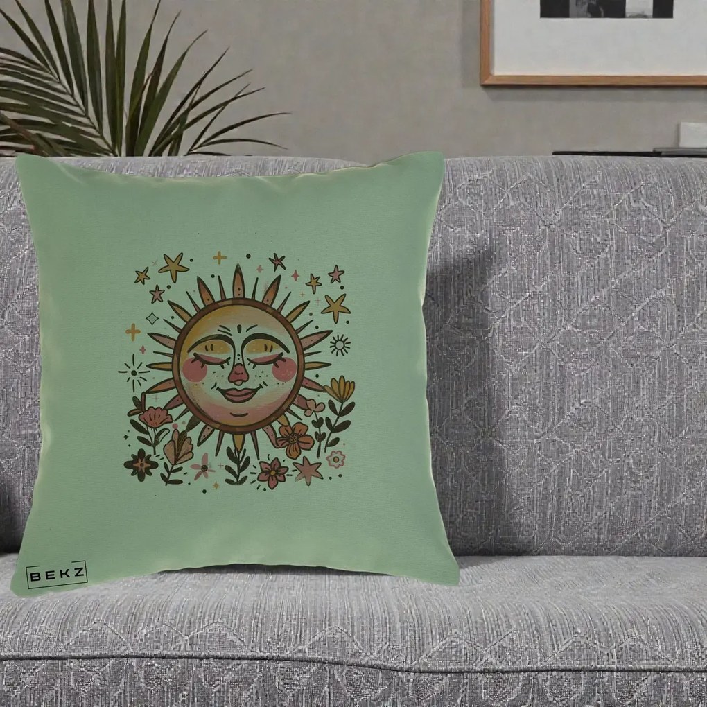 Perna Decorativa Soare Retro Boho Floral, 40x40 cm, Verde, Husa Detasabila, Perna Inclusa, BEKZ®