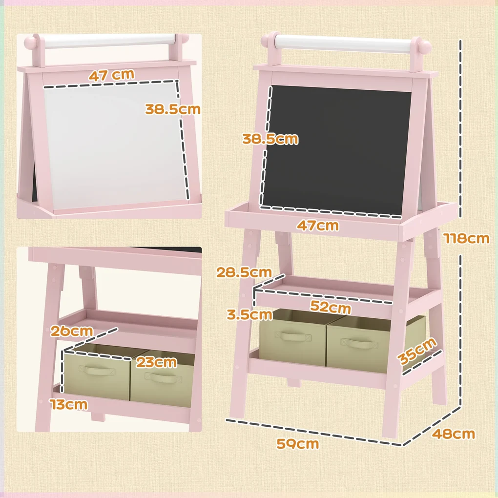 AIYAPLAY Tablă de Desen Dublă Pentru Copii 3-6 Ani, 59x48x118 cm, Roz | Aosom Romania