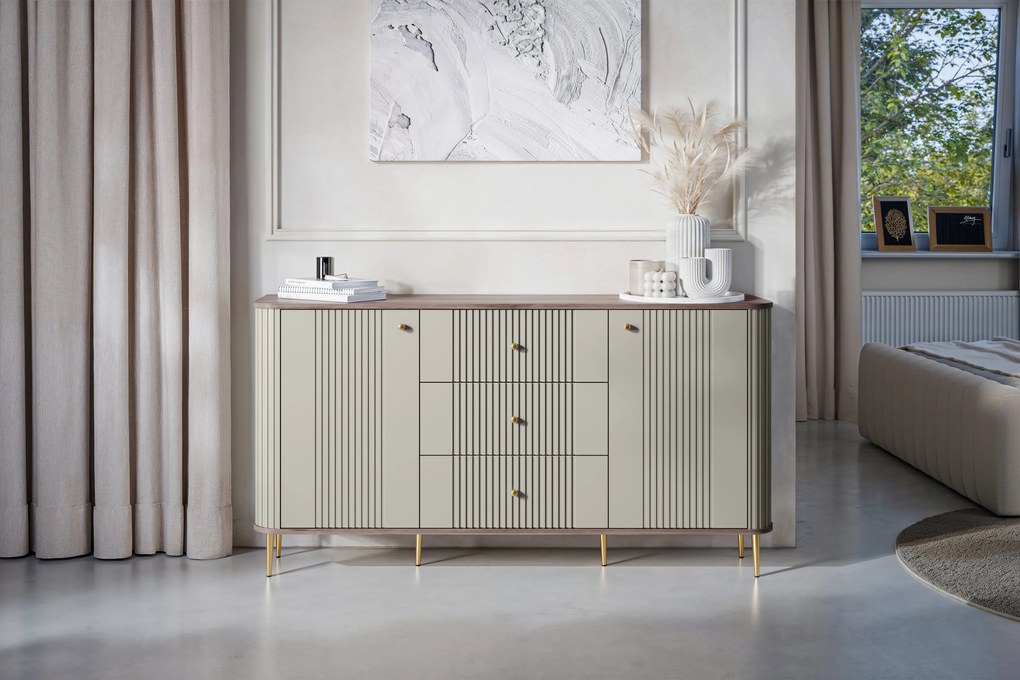 Comodă cu sertare Vesper 160 cm - cașmir / nuc / picioare aurii